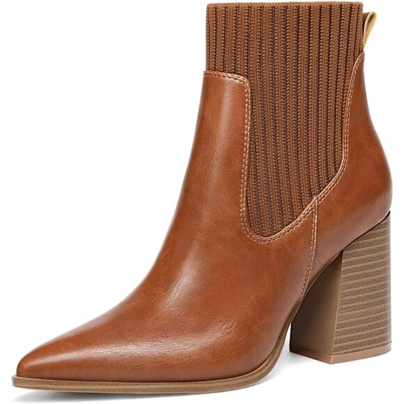 ⚡Women's Brown Ankle Boots Sock Booties Pointed Toe Chunky Stacked High Heel - Picture 1 of 4